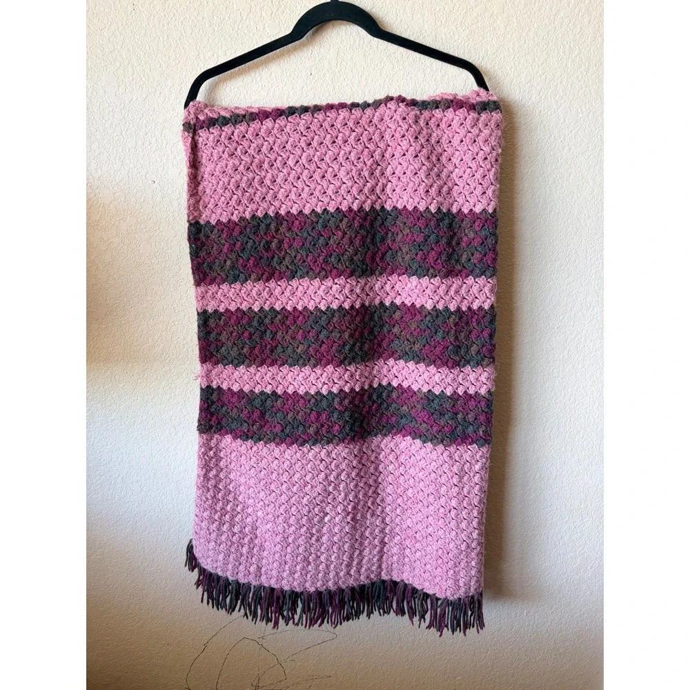 Handmade Crochet Throw‎ Blanket Pink Magenta Striped Boho Fringe Popcorn Stitch